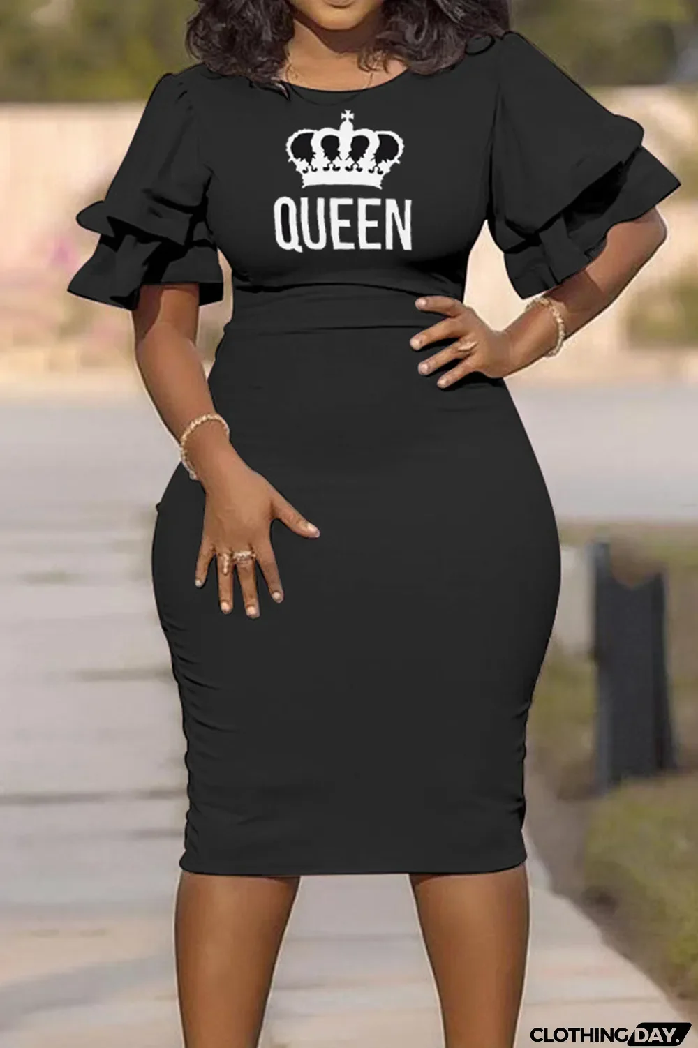 Black Fashion Casual Plus Size Letter Print Basic O Neck Short Sleeve Dress