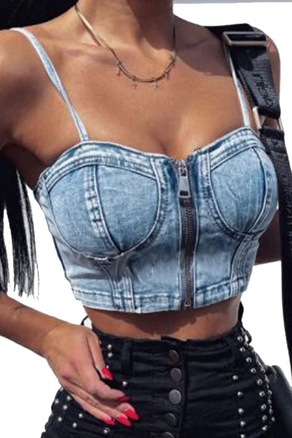 Solid Color On-trend Zipper Denim Camisole