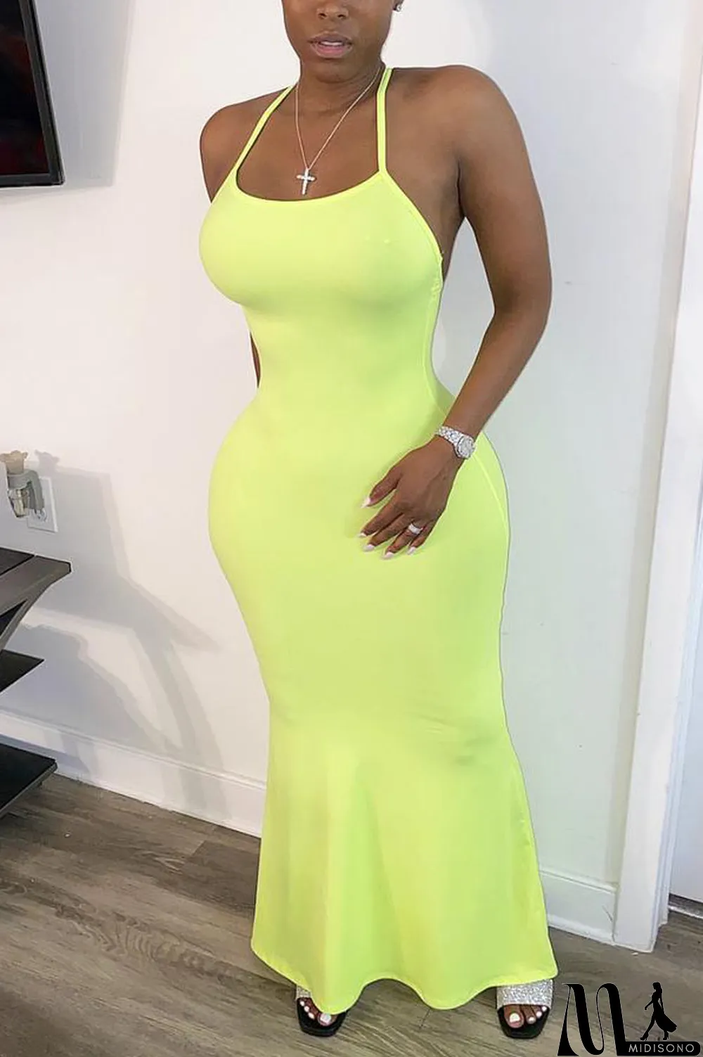 MidiSono - Orange Sexy Orange rose red Shallow yellow Spaghetti Strap Sleeveless Slip Mermaid Ankle-Length Solid Dresses