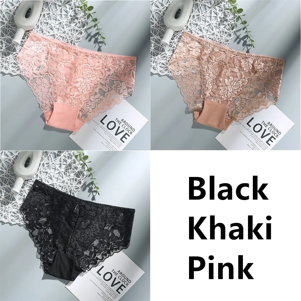 3Pcs Sexy Low Waist Women's Underwear Lace Plus Size Seamless Panties Breathable Lingerie Female Briefs Solid Hollow Underpants