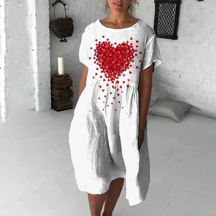 Love Heart Print Round Neck Short Sleeve Midi Dress