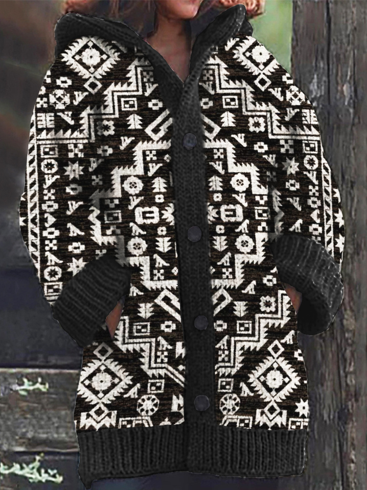Southwest Flair Geometric Print Hooded Cardigan wearshes