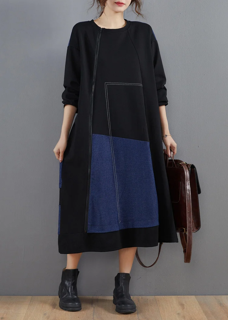 Bohemian O Neck Patchwork Spring Outfit Work Outfits Blue Loose Dress ( Limited Stock)