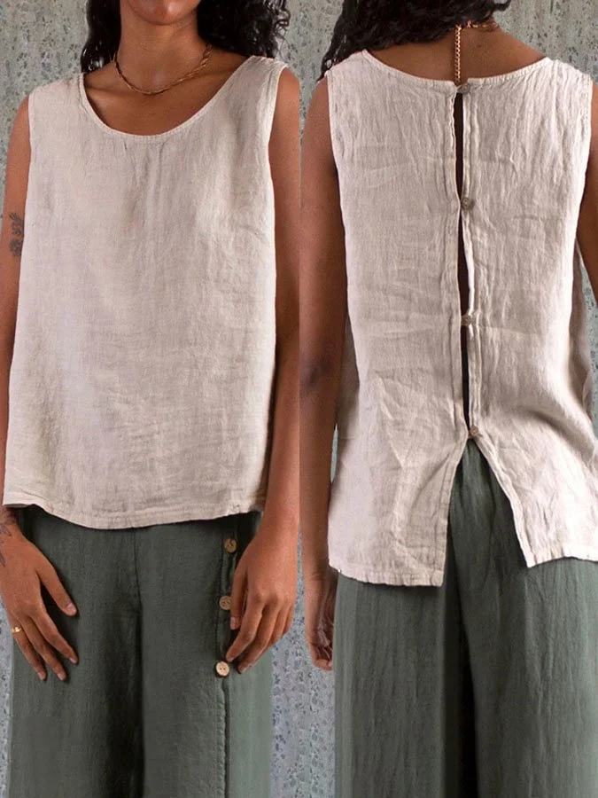 Casual Solid Color Cotton And Linen With Back Button Vest