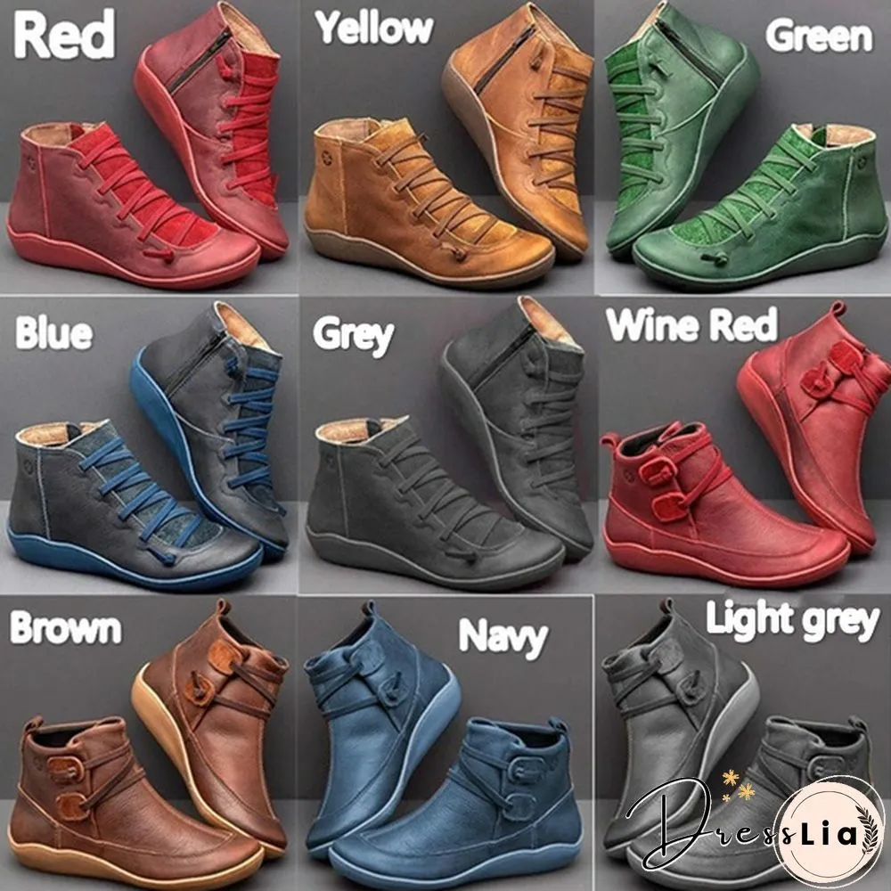 Womens Medieval Vintage Leather Boots Braided strap flat heel all season waterproof slip