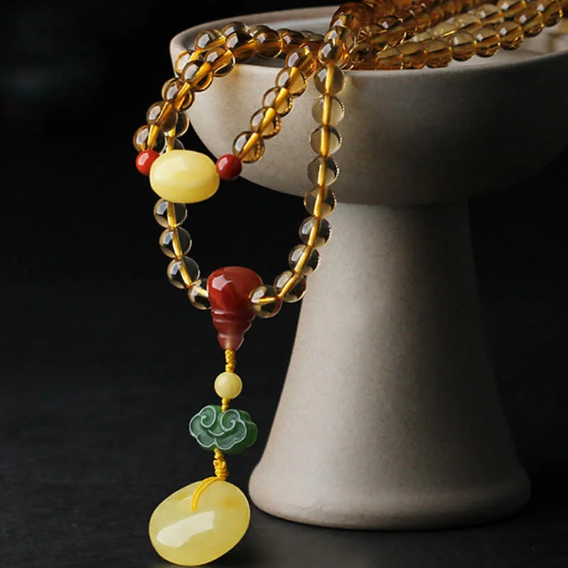 Natural Citrine Amber 108 Mala Beads Peace Buckle Red Agate PiXiu Protection Charm Bracelet