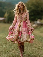 Women's Retro Rose Striped Casual Linen Short Dress