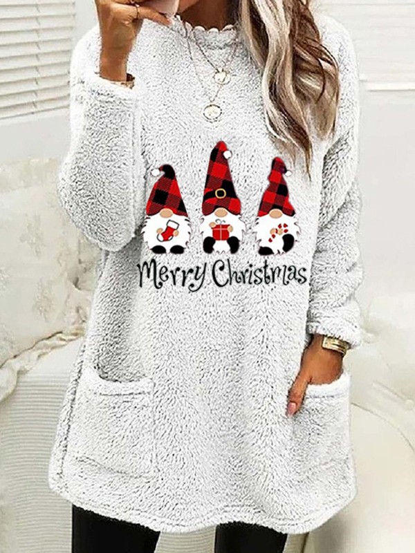 Mature Women's Long Sleeve Casual Round Neck Pullover Pocket Christmas Plush Sweatshirt