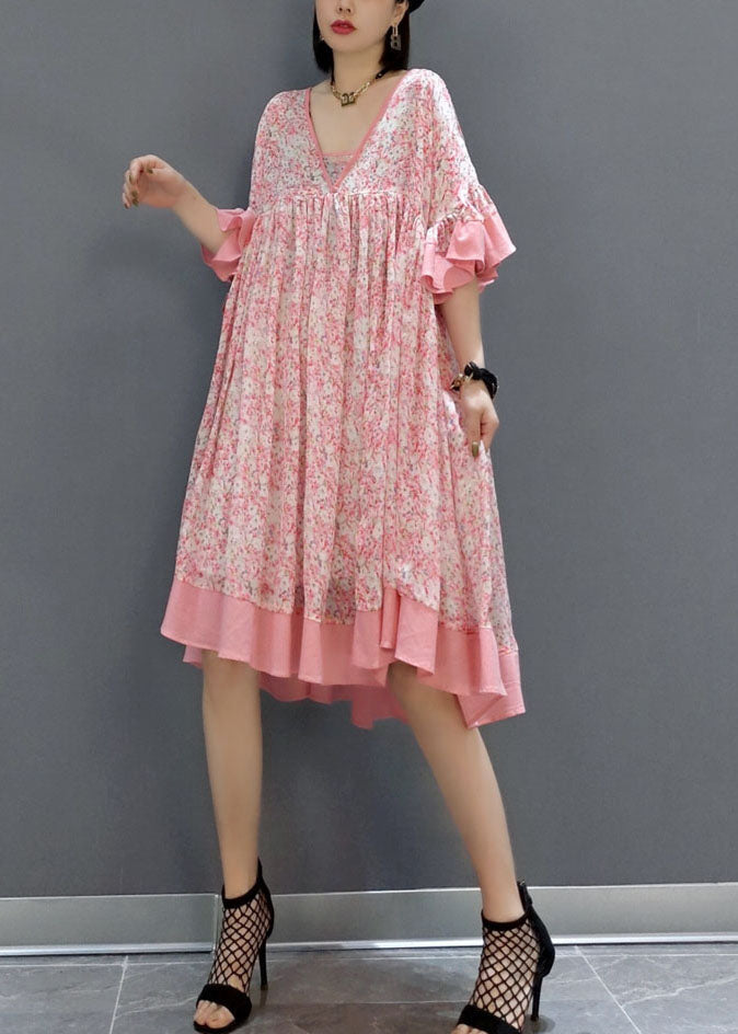 VCSHOES Pink Print Exra Large Hem Chiffon Mid Dress Summer