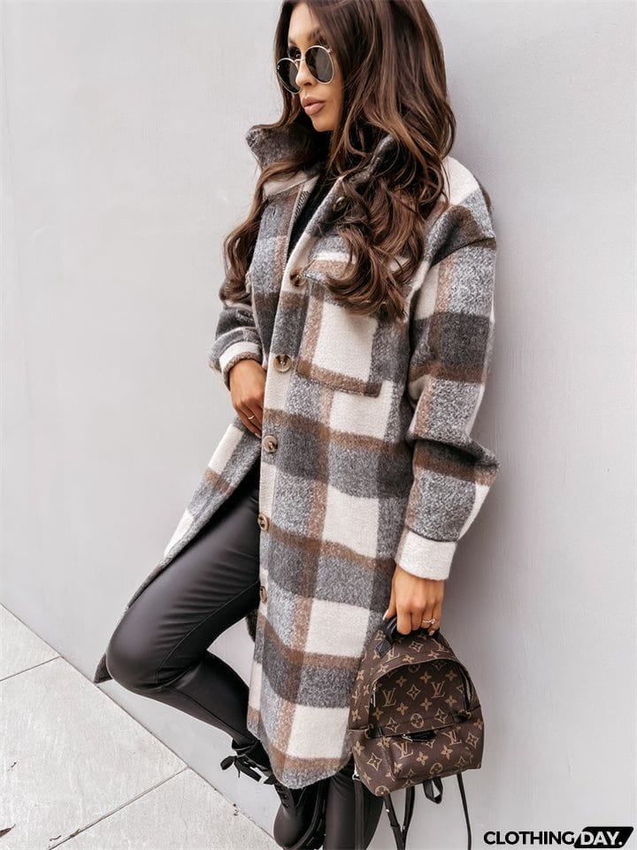Women's Fashion Long Plaid Shacket Coat