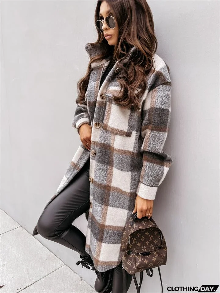 Women's Fashion Long Plaid Shacket Coat