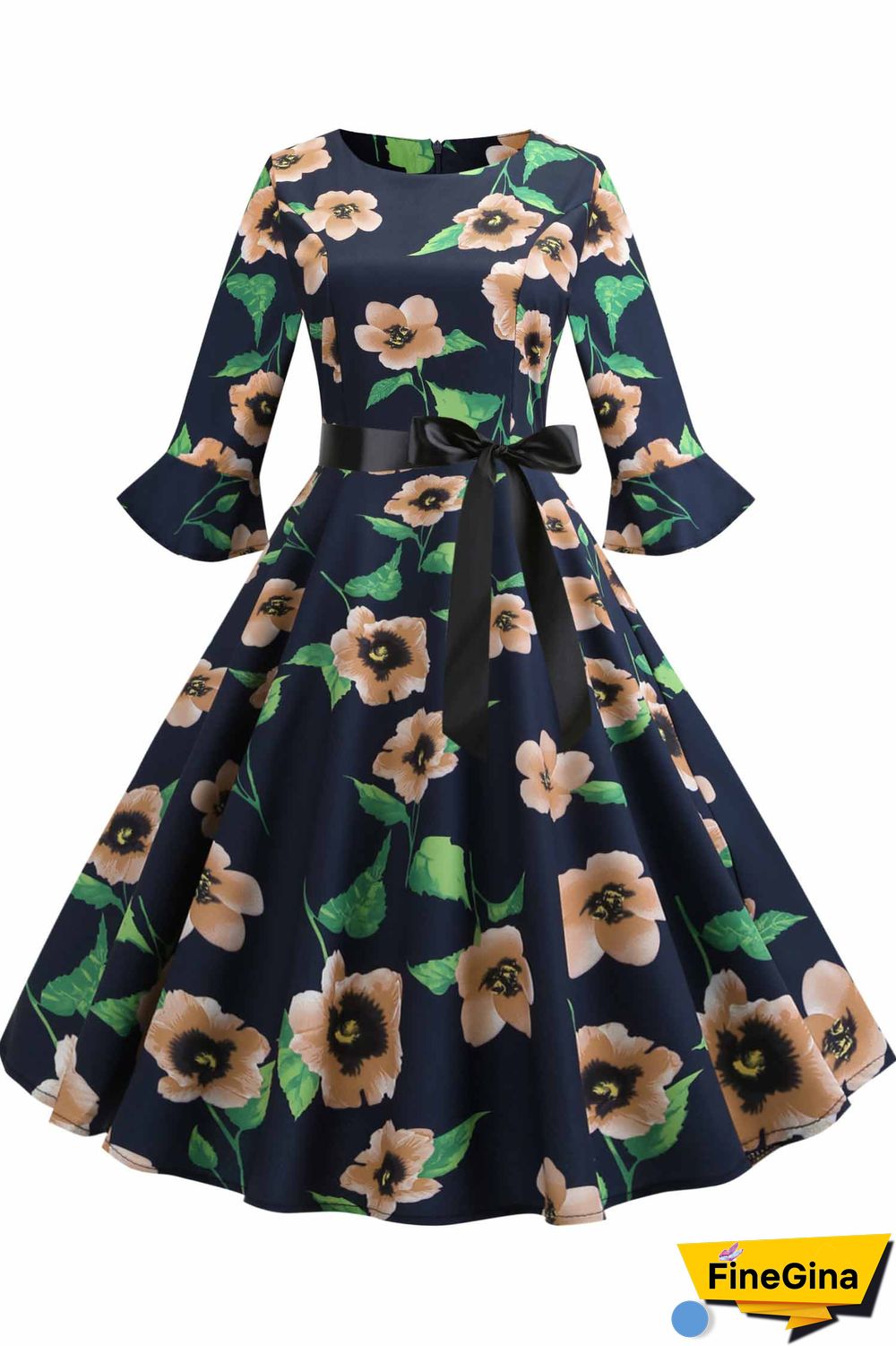 Floral Print Boatneck A-line Dress