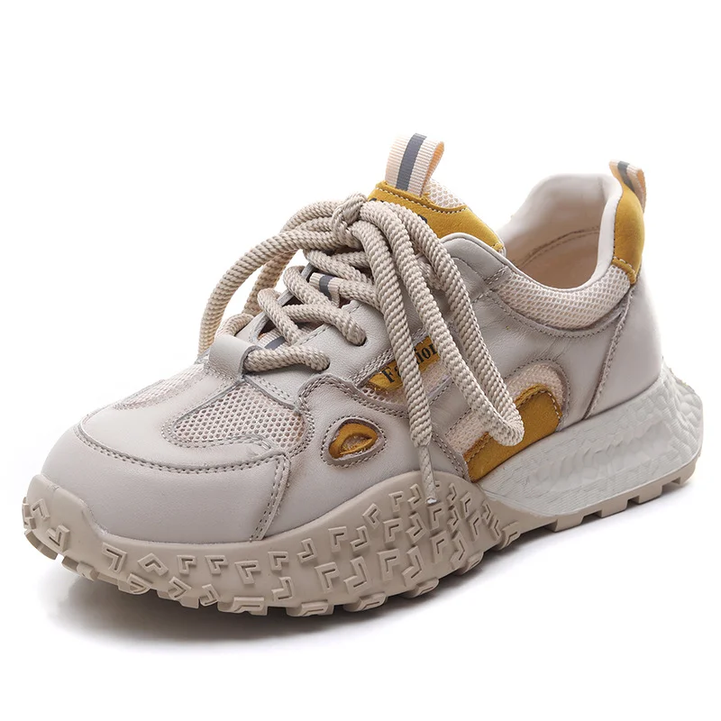 Yyvonne Layer Of Cowhers Old Dad Shoes 2025 Spring And Summer New Breathable Mesh Thick Bottom Casual Lace Single Shoes