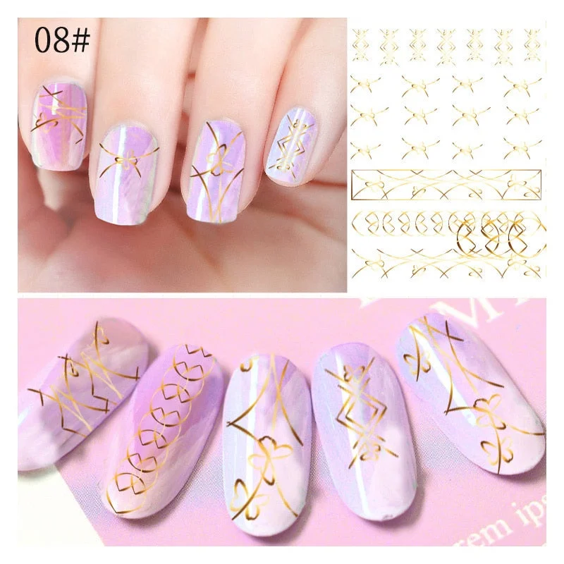1 Sheet Gold Bronzing Stripe Lines Nail Stickers 3D Net Line Tape Self Adhesive Sliders DIY Manicures Decorations