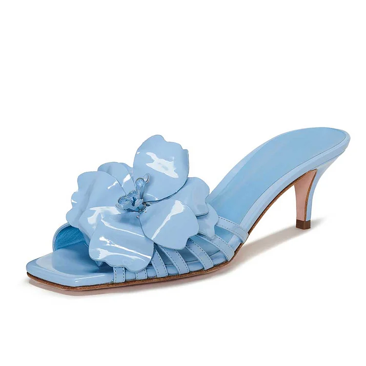 Blue Square Toe Crystal Embellished Flower Kitten Heel Mules Sandals |FSJ Shoes