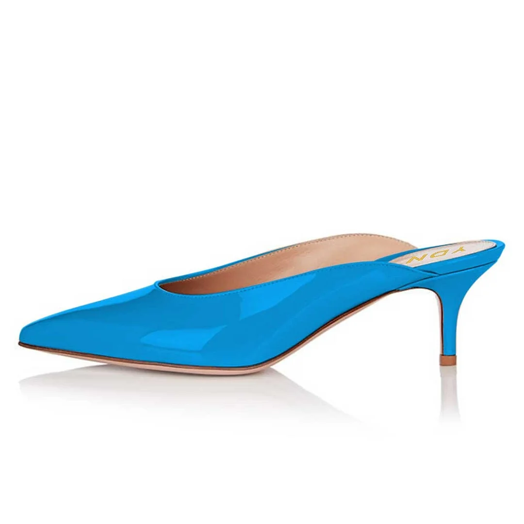Patent Leather Pointed Toe Low Heel Mule Shoes for Women in Blue