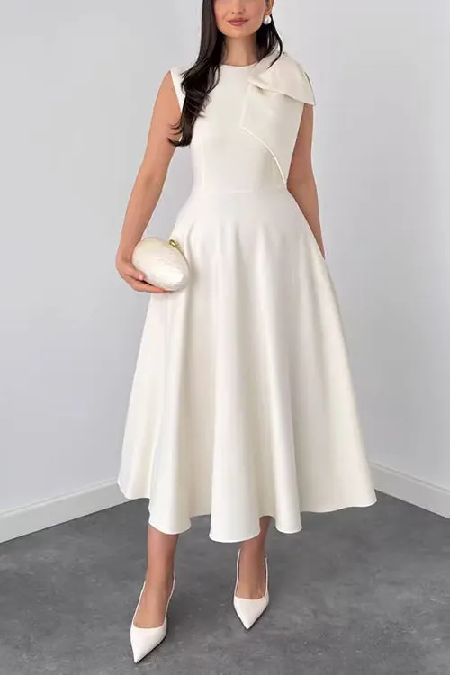 Crewneck Sleeveless Bow Shoulder Swing Midi Dress