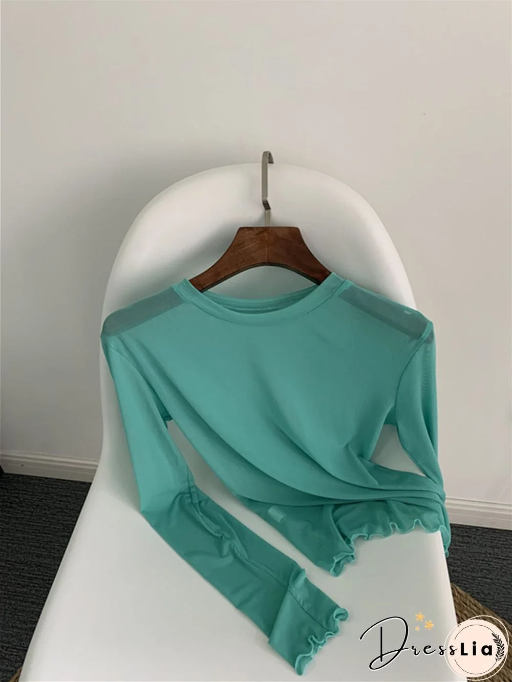 Oumea Women Beach Cover-Up Sheer Mesh Top Beach Wear Hawaiian Mesh Shirt Long Sleeve Casual Candy Color Solid Sweet Mesh Top