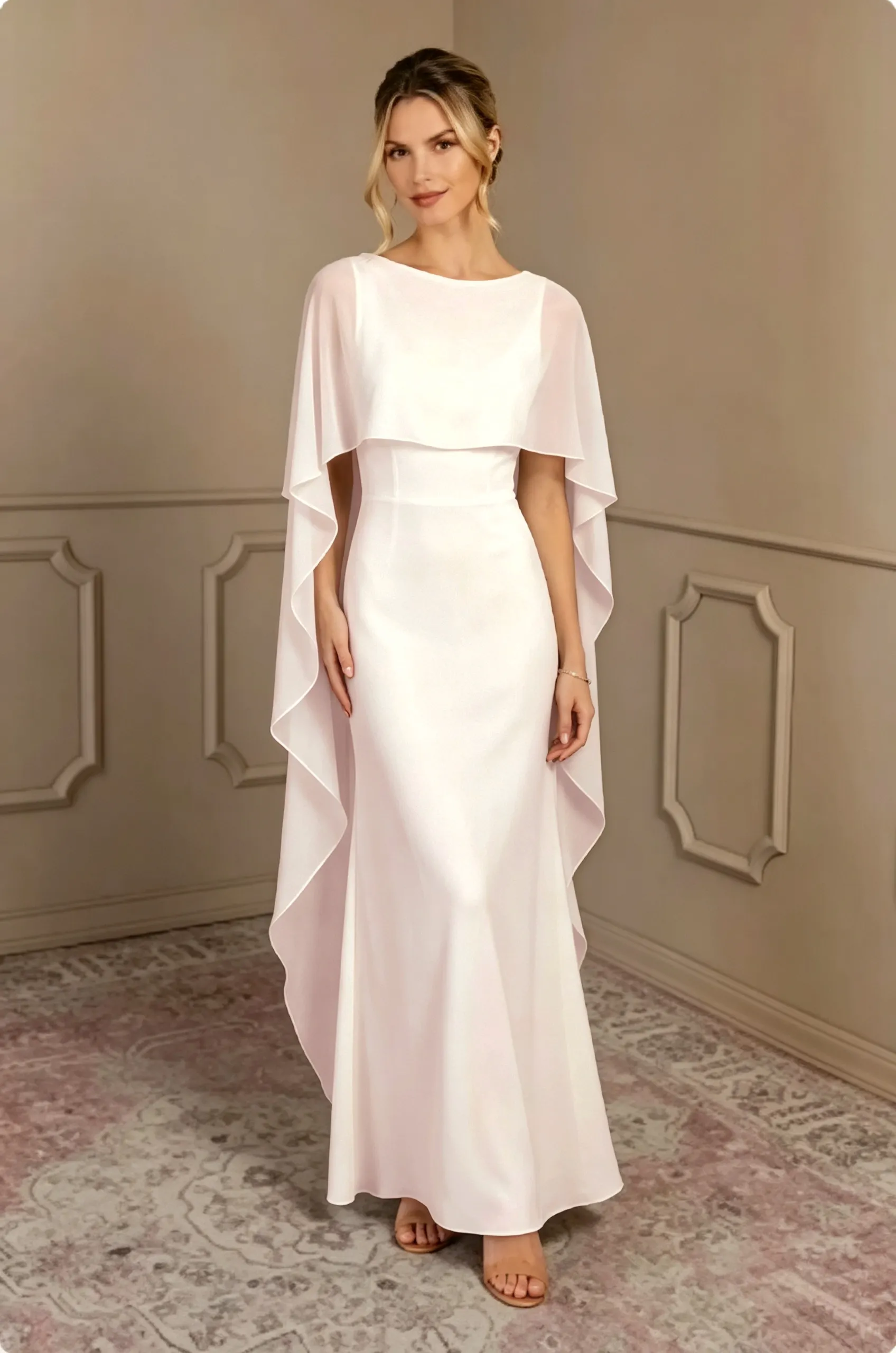 Daisda Chiffon Bateau Neck Cape Sleeves Long Mermaid Mother Of The Bride Dress