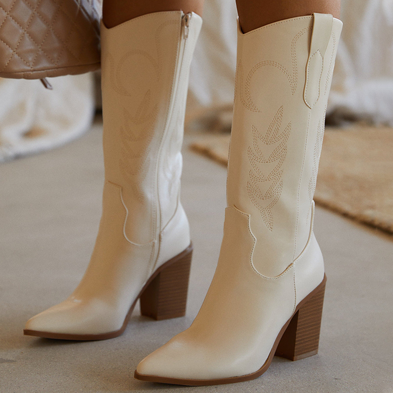 Beige Pointed Toe Embroidered Chunky Heel Mid-Calf Cowgirl Boots