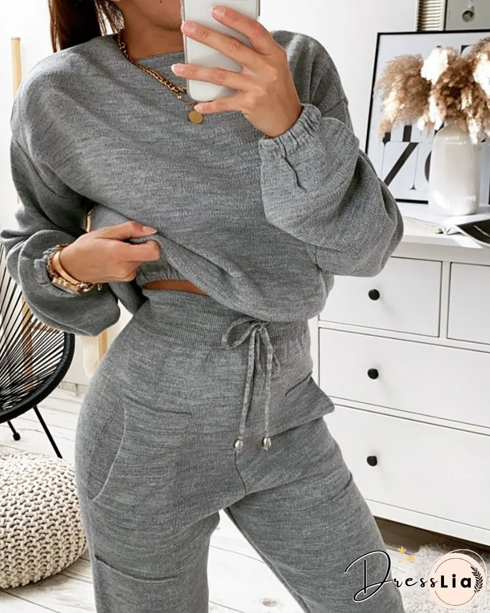 Plain Long Sleeve Top & Drawstring Pants Set