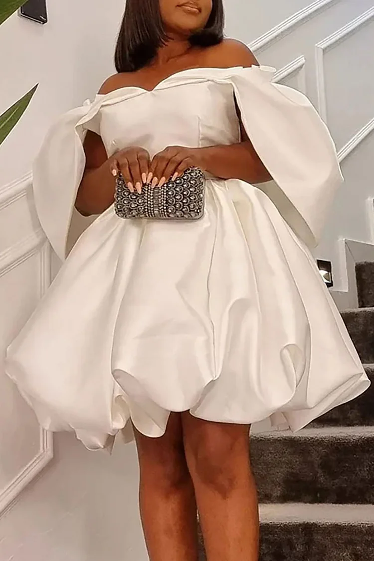 Plus Size White Semi Formal Off Shoulder Asymmetric Sleeve Ruffle Mini Dresses 