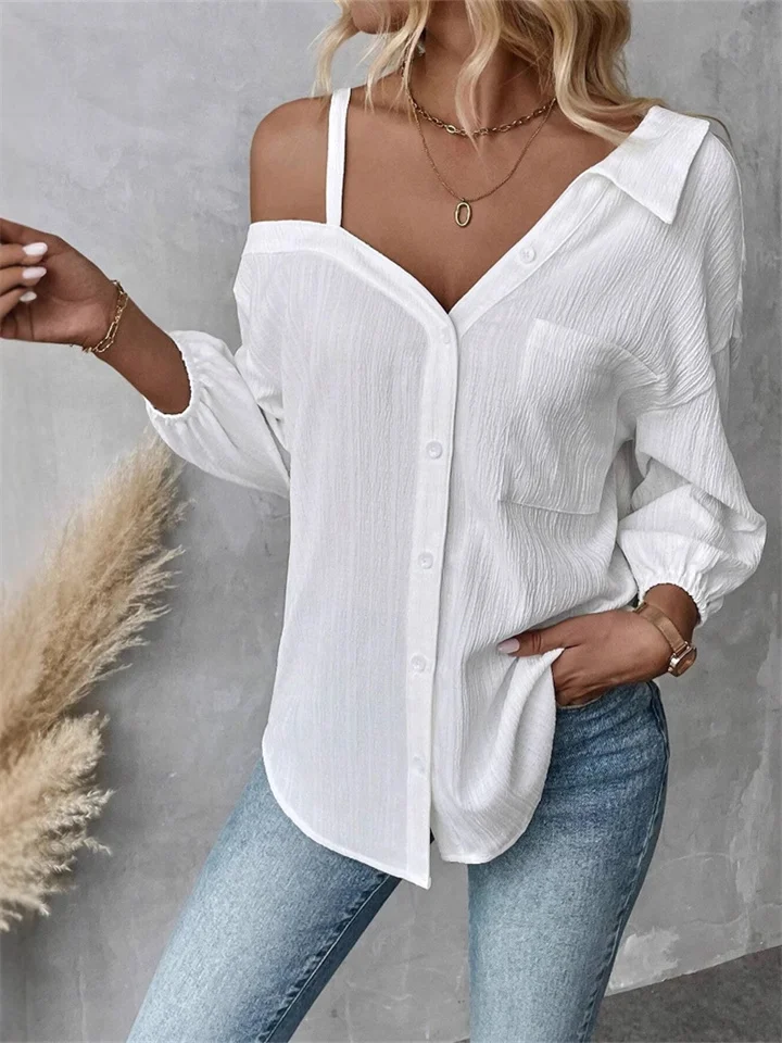 Women's Spring and Summer Lapel Sleeve Off-shoulder Cardigan Textured Casual Shirt