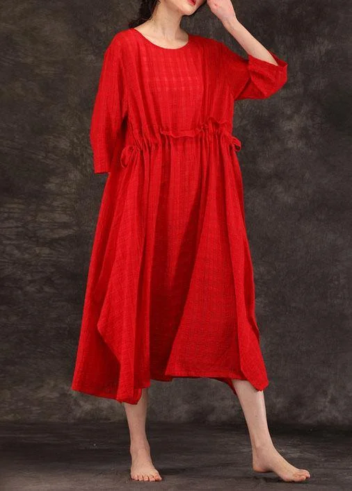 Bohemian red linen clothes For Women o neck drawstring Art summer Dress