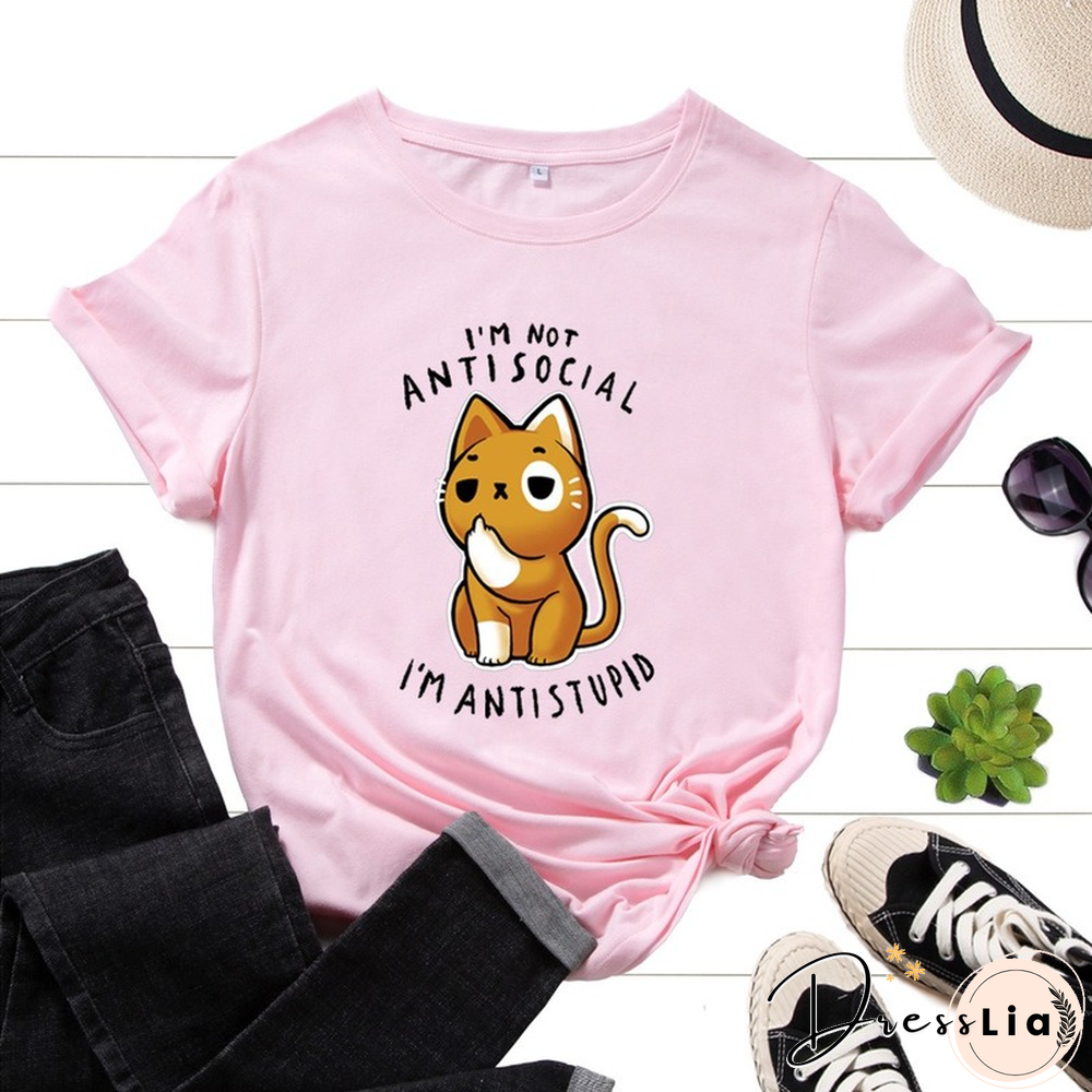 Summer Women Short Sleeve T-shirt Cat Letter Print Female Fashion Graphic Casual Streetwear Ladies Regular Daily O-Neck Tee Tops