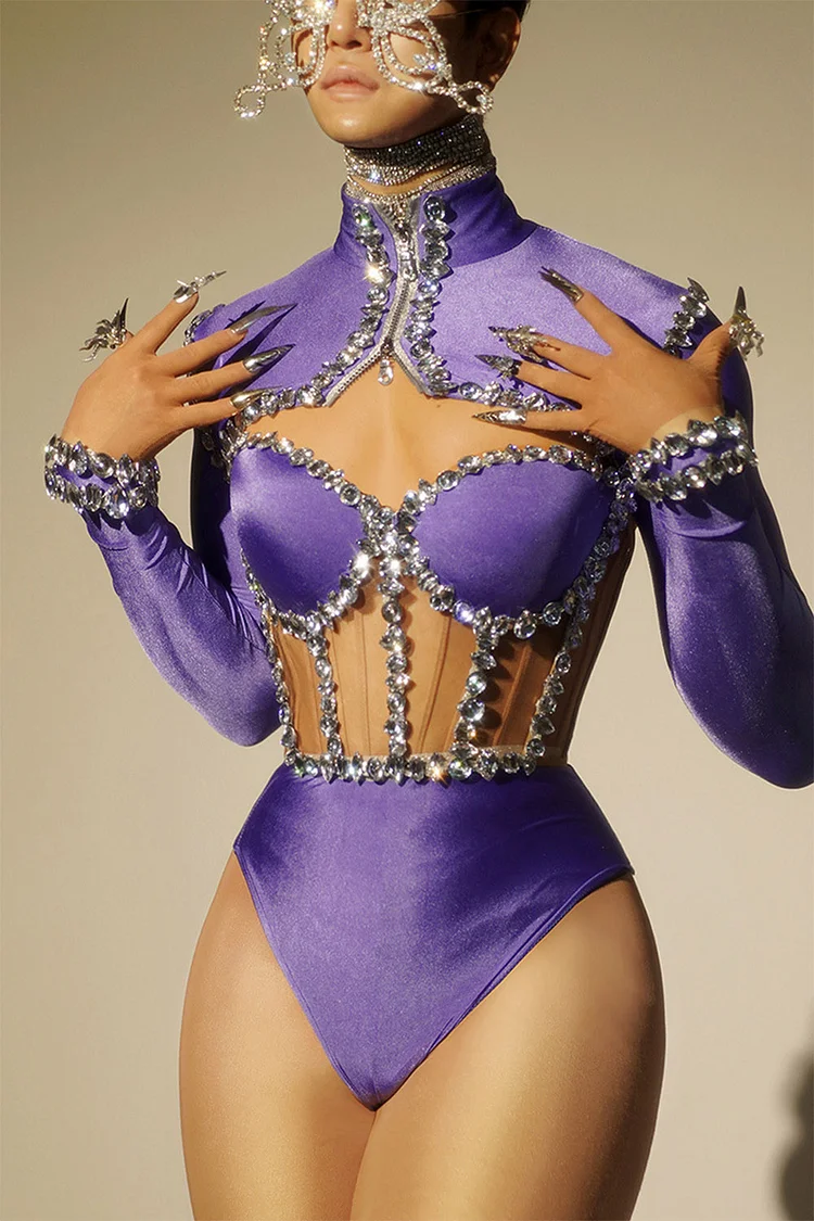 Rhinestone Embellished Cut Out Bodysuit-Purple