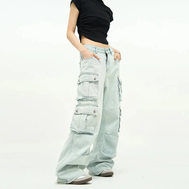 Aonga Unisex Wide-leg Multi-pocket Jeans