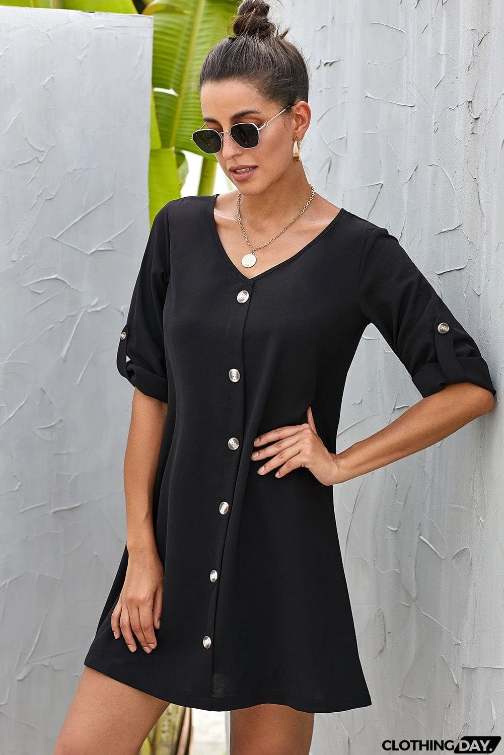 Buttoned V-Neck Dress