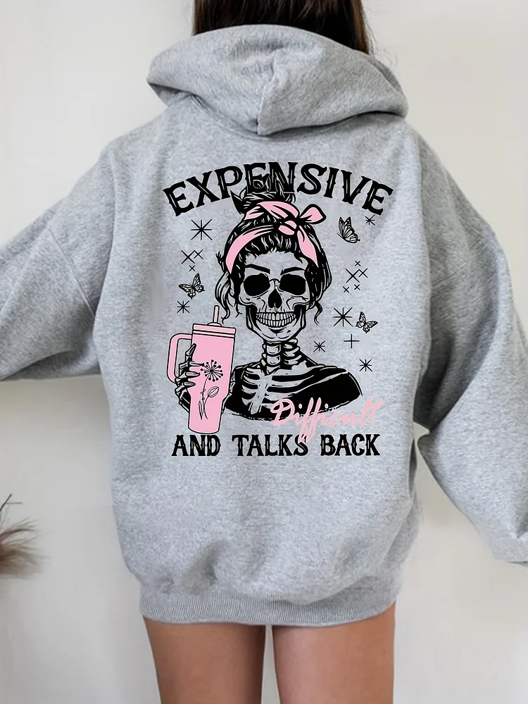 Women's Trendy Skull Print Hoodie - Casual Pullover With Kangaroo Pocket, Long Sleeve, Machine Washable Polyester
