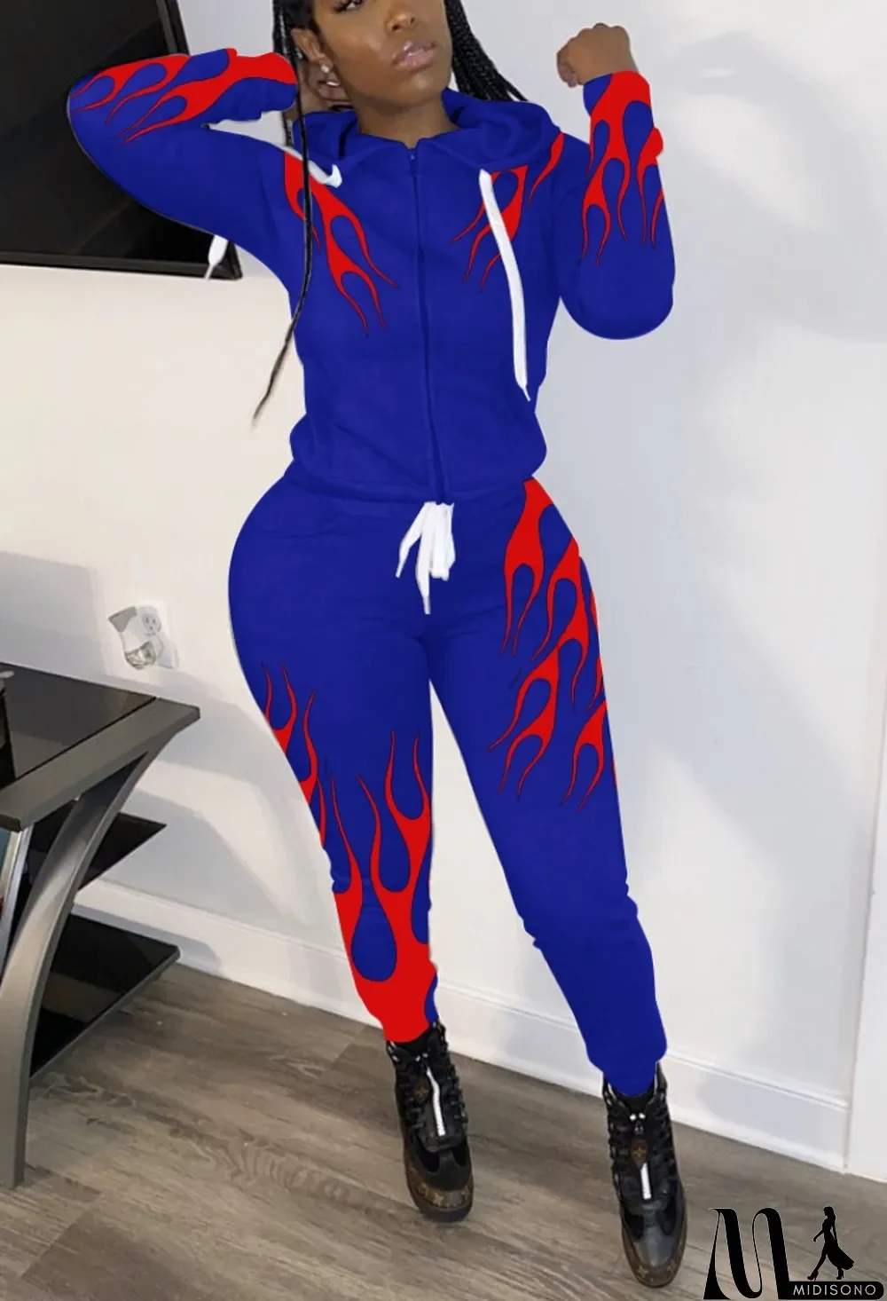 MidiSono - Winter Print Blue Two Piece Hooded Tracksuit