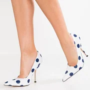 White and Navy Blue Polka Dot Pointed Toe High Heel Pumps