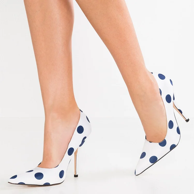 White and Navy Blue Polka Dot Pointed Toe High Heel Pumps Shoes |FSJ Shoes