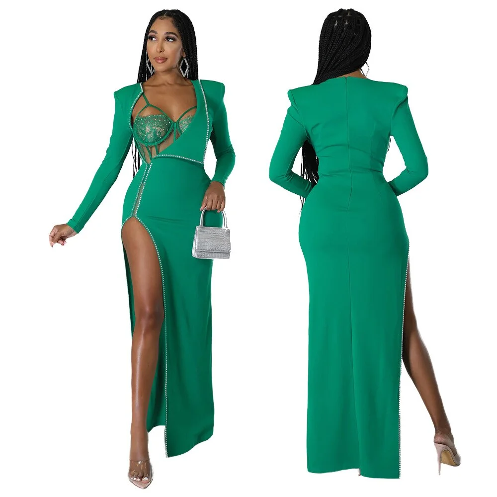 CM.YAYA Women Diamonds Hot Drill Side High Side Split Midi Maxi Dress and Lace Sleeveless Bodysuit Matching Set 2 Piece Outfit