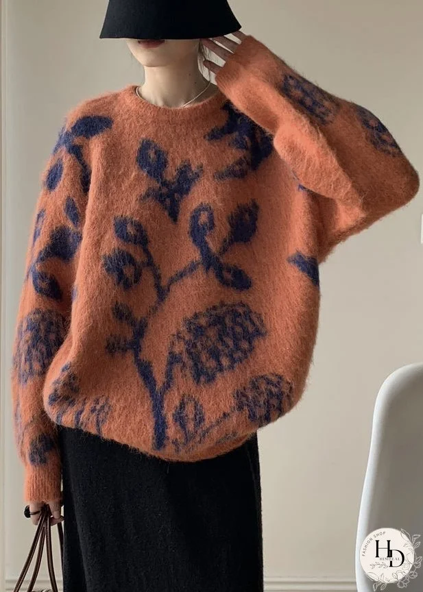 Orange Thick Cotton Knit Pullover Sweaters O Neck Winter