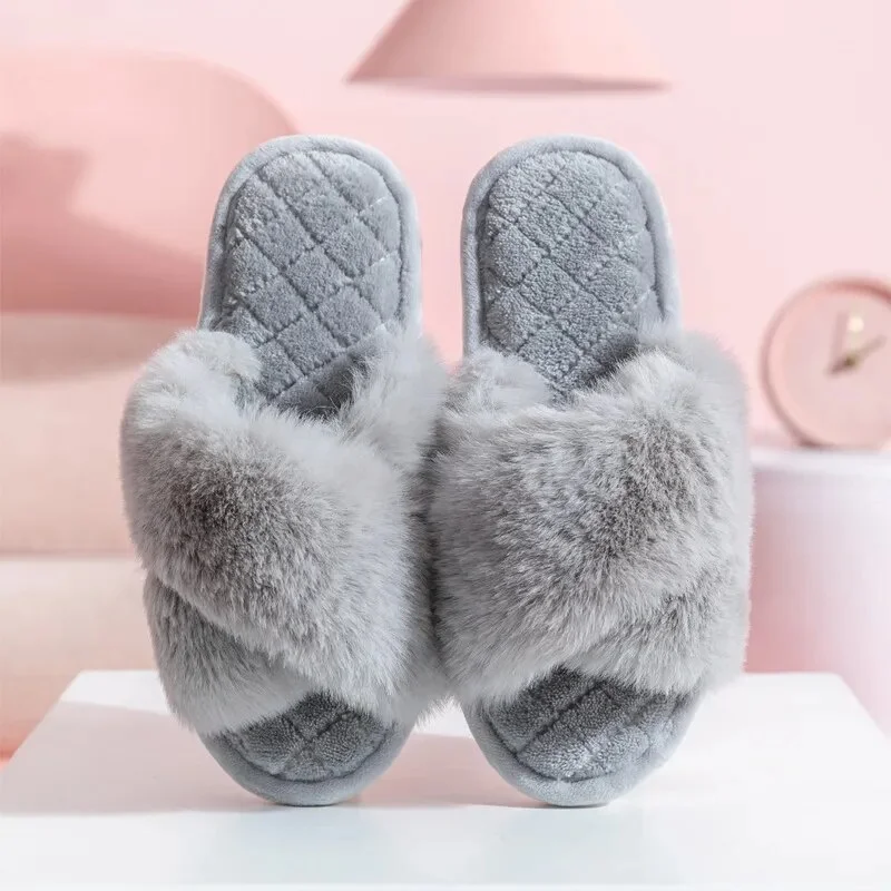 Canrulo Winter New Furry Slippers Women Cross Strap Fluffy Fur Home Slides Woman Soft Sole Non Slip Indoor Floor Ladies Flip Flops