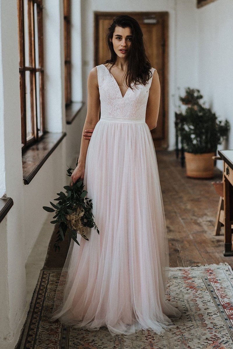 Lace Beach Wedding Dress Open Back PD0362 Ballbellas