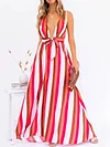 Thick Striped Plunging Condole Belt Maxi Dress