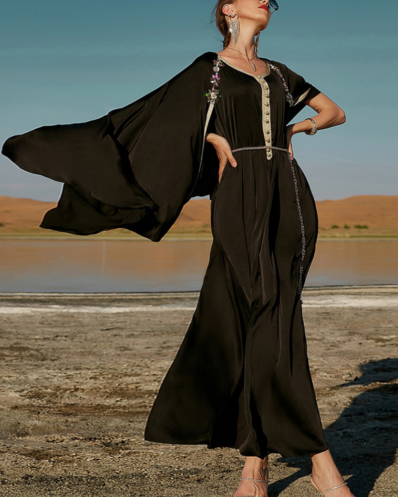 Hand-beaded black cape maxi dress