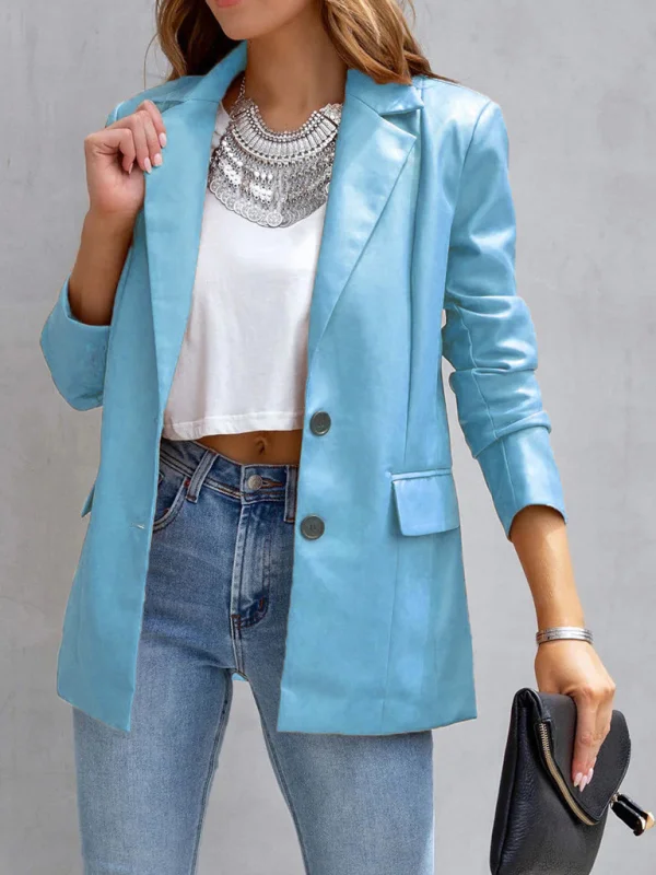 Long Sleeve Button Pu Cardigan Jacket Solid Color Pocket Casual Leather Small Blazer Women's Clothes Flusfy