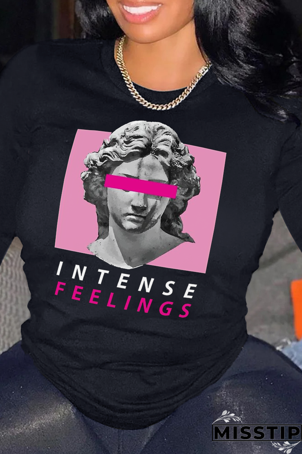 Black Casual Daily Print Patchwork Letter O Neck Tops