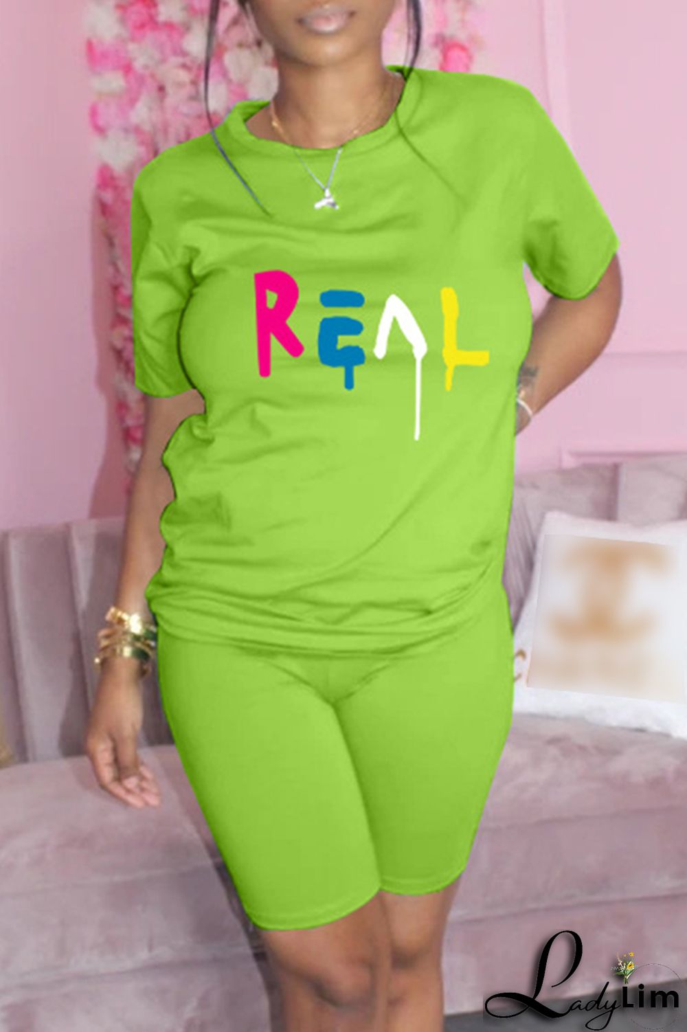 Yellow Fashion Casual Print Basic O Neck Short Sleeve Two Pieces