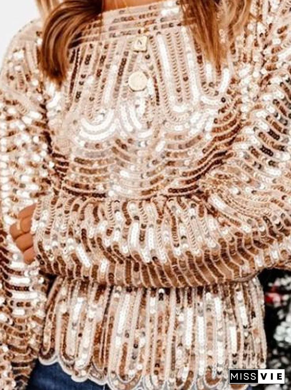 Temperament Round Neck Long Sleeve Pullover Sequin T-Shirt