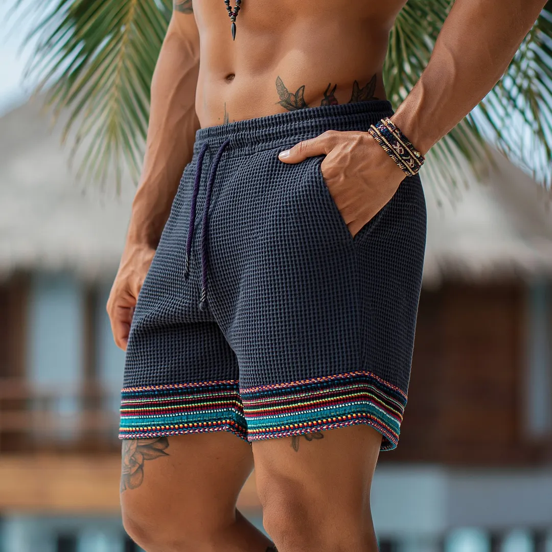 Men's Waffle Knit Cotton Blend Shorts With Colorful Trim And Elastic Waistband-INSPIREUSE