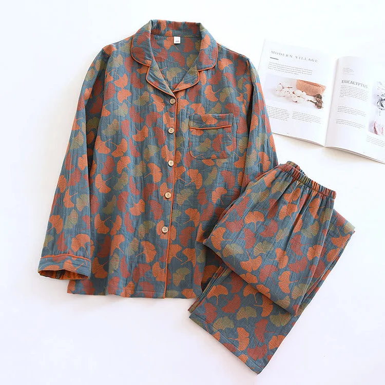 Ginkgo Leaf Button Cotton Loungewear Set Radinnoo.com