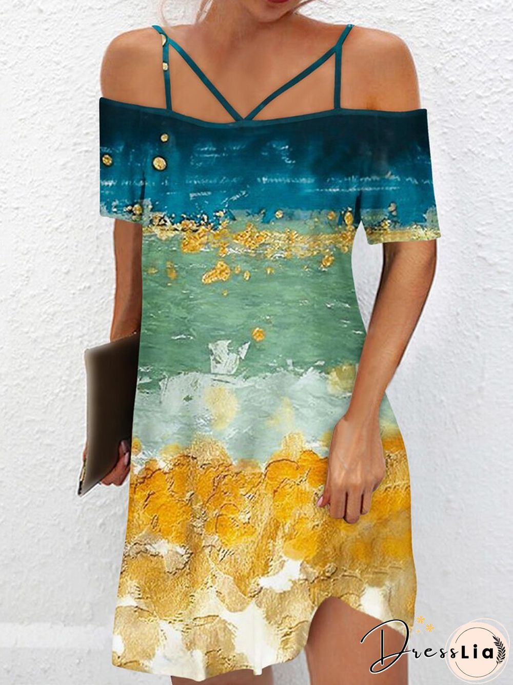 Vintage One-Line Neck Cross Strap Dress Women Summer Sexy Short Sleeve Backless Mini Dress Ladies Fashion Printed Loose Dresses