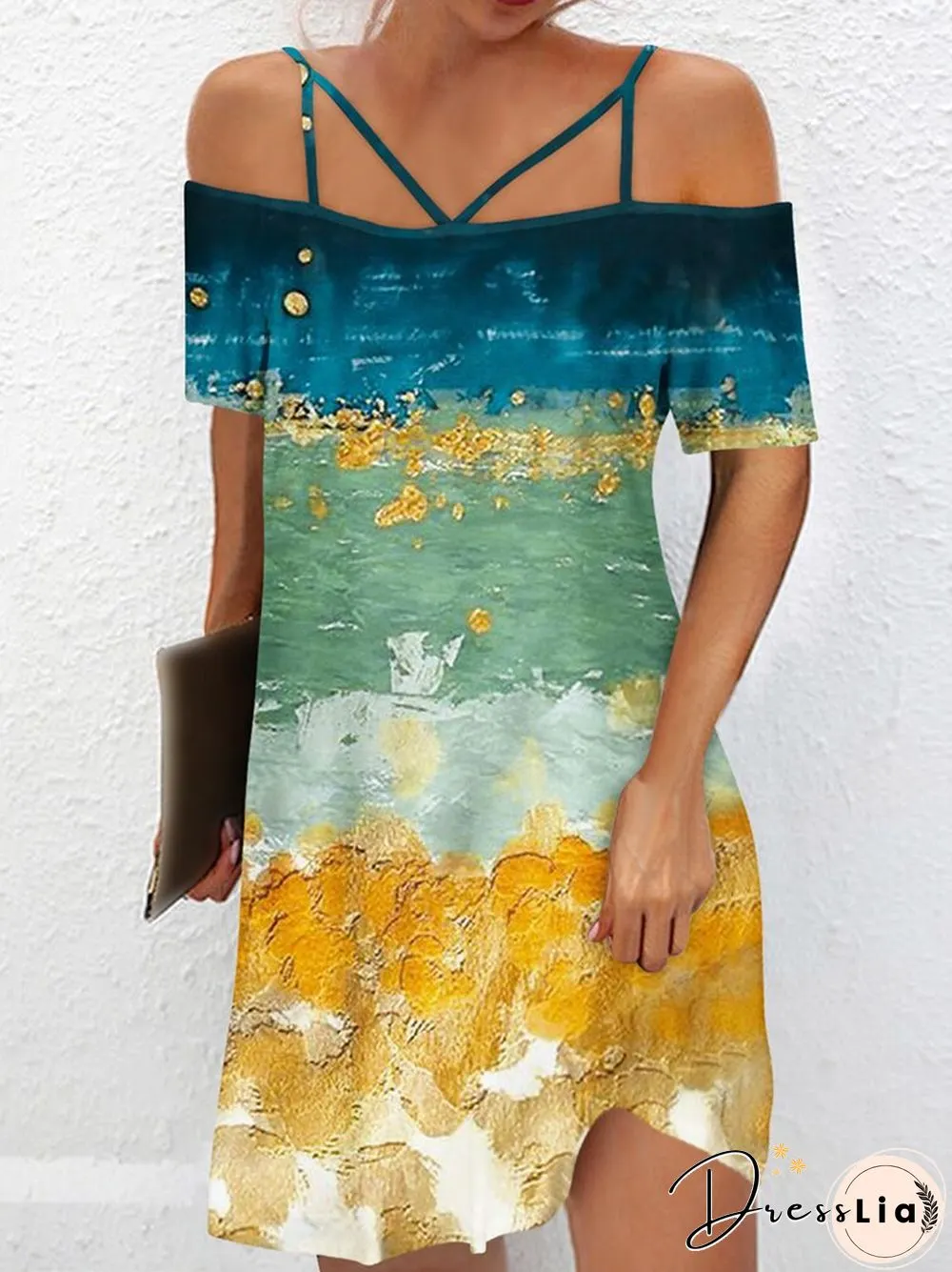Vintage One-Line Neck Cross Strap Dress Women Summer Sexy Short Sleeve Backless Mini Dress Ladies Fashion Printed Loose Dresses